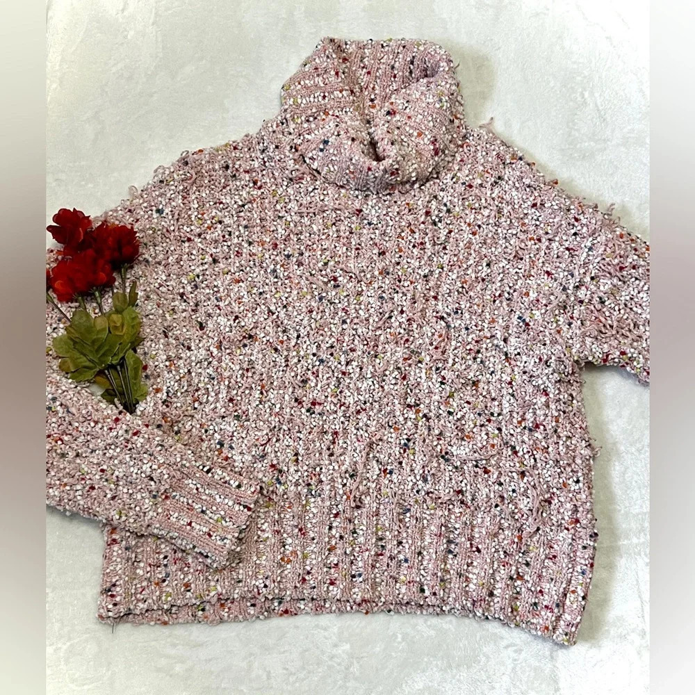 Confetti Fringe Pink Chunky Knit Sweater - Medium